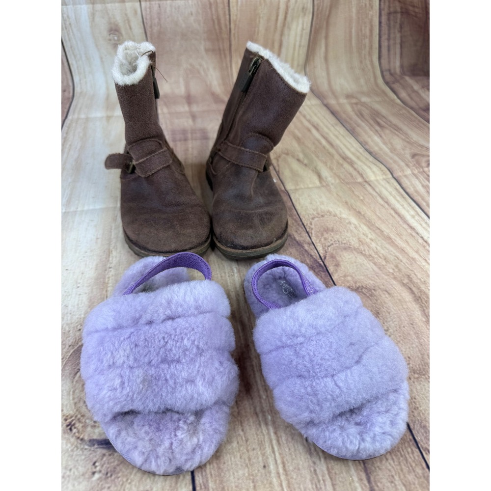 UGG Toddler Bundle Brown Suede Shearling Boots & Purple Fluff Slippers Size 8